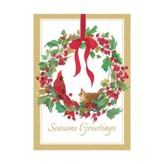 Boxed cardinal wreath holiday card with red bow, holly berries, two cardinals, and Seasons Greetings.