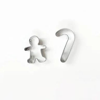 Cookie cutters, metal; 2 pieces: gingerbread-man and curved-hook shapes