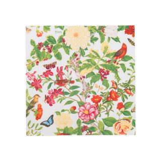 Cocktail napkin featuring a Christmas chinoiserie floral pattern on white with colorful birds.