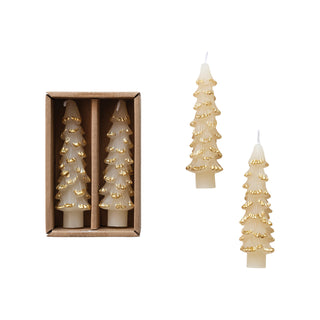Unscented Tree Shaped Taper Candles w/ Gold Tips in Box, Eggnog Color Candles Creative Co-Op
