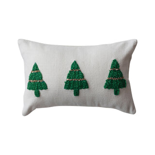 Cotton Slub Lumbar Pillow w/ Embroidered Christmas Trees & Beads Pillow Creative Co-Op