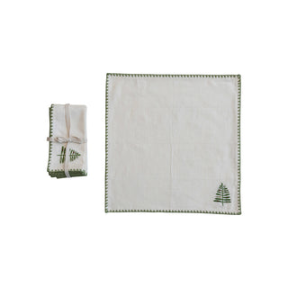Cotton Napkins w/ Embroidered Tree & Edge, Natural & Green, Set of 4 Napkin Creative Co-Op