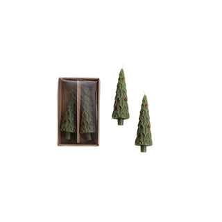 Unscented Tree Shaped Taper Candles in Box with Holly, Set of 2 Candles Creative Co-Op