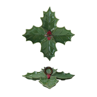 Ceramic Holly Leaf Shaped Dish with 4 Sections & Handle Serveware Creative Co-Op