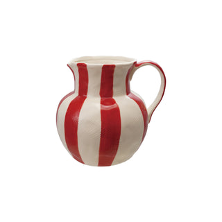 Hand-Painted Stoneware Striped Pitcher with Linen Texture Pitcher Creative Co-Op