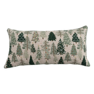 Lumbar pillow in beige cotton-linen slub fabric with a Christmas tree pattern, bead accents, and green mini pom-pom trim