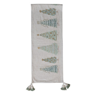 Table Runner with Trees, Embroidery, Beads, French Knots & Tassel Kitchen Textiles Creative Co-Op