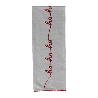 Table Runner with Pom Pom Trim & Embroidered "Ho Ho Ho", Natural & Red Kitchen Textiles Creative Co-Op