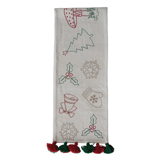 Woven Cotton Table Runner with Embroidered Holiday Icons & Tassels Kitchen Textiles Creative Co-Op