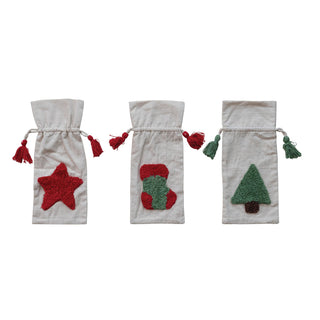 Woven Drawstring Wine Bag with Tufted Holiday Icon & Tassels Gift Wrapping Creative Co-Op