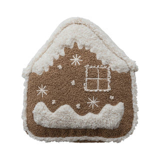 Woven Fabric Bouclé & Faux Sherpa Gingerbread House Shaped Pillow Pillow Creative Co-Op