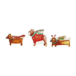 Stoneware dog-shaped serving dishes, three styles with scarves and holiday sayings