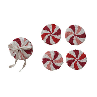 Cotton tufted candy-striped coasters, pink, red & white, set of 4, tied with cotton tape