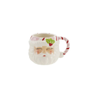 Santa head mug, 12 oz, hand-painted ceramic with rosy cheeks, holly leaf, and candy-cane striped handle