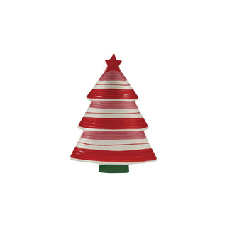 Tree-shaped stoneware platter, hand-painted with red and pink stripes and a star topper