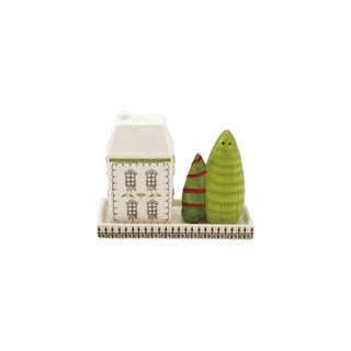 Ceramic 3-piece salt and pepper shaker set featuring a white house and green trees on a decorative tray.