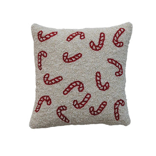 12-inch square hand-beaded fabric pillow with red candy cane pattern on cream background