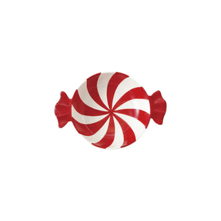 Candy-shaped ceramic bowl with red-and-white peppermint swirl pattern
