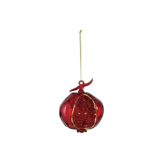 Ornament: Hand-painted mercury glass pomegranate in red and gold with a gold hanging string