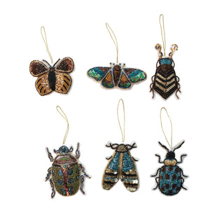 Handmade fabric beaded insect ornaments set of 6 with multicolor sequins