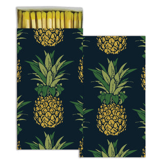 Matches - Pineapple pattern, two navy blue matchbooks with gold pineapples and green leaves.