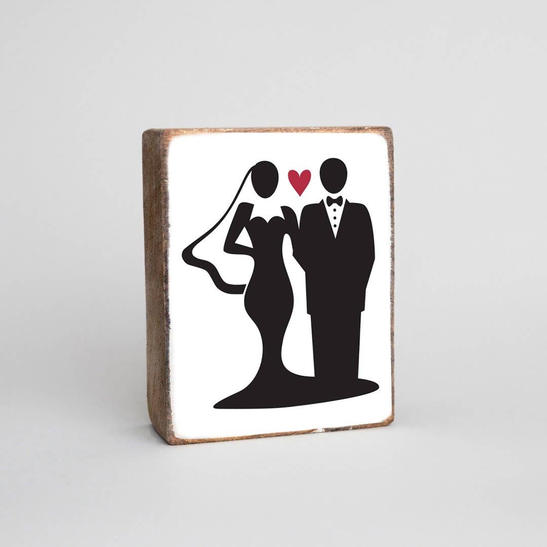 Bride + Groom Red Heart Decorative Wooden Block  Rustic Marlin   
