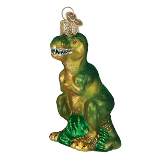 T-rex ornament in green and gold with glitter accents, holiday dinosaur decor, metal hook topper for Christmas display