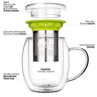 Venus Double Wall Glass Cup With Infuser, 13.5oz  TEALYRA   
