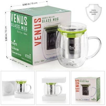 Venus Double Wall Glass Cup With Infuser, 13.5oz  TEALYRA   