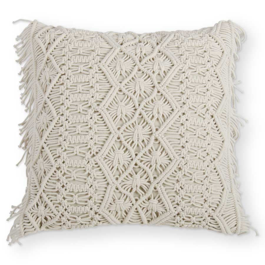 Cream Square Macrame Pillow w/Fringe Throw Pillows K&K   