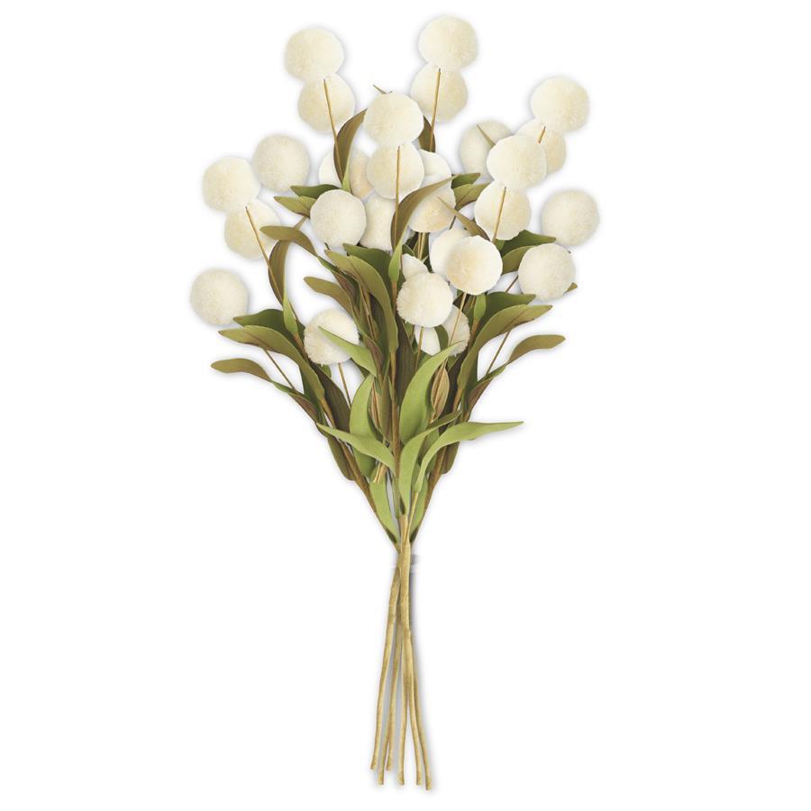 White Pompom Pick w/ Green Leaves