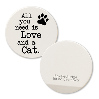 Car coasters set: 2 round white coasters featuring Love and a Cat with a paw graphic; bevel edge for easy removal