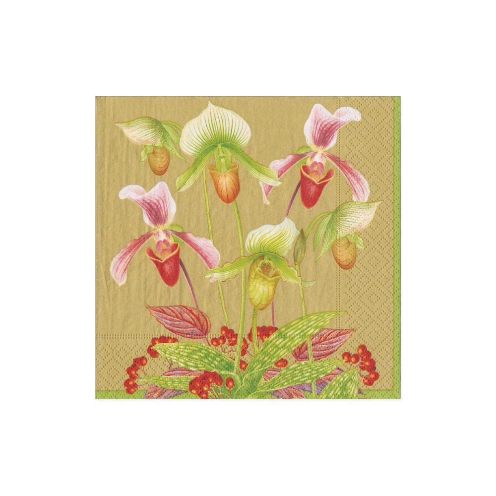Cocktail Napkin - Slipper Orchid Gold Paper Napkins Caspari   