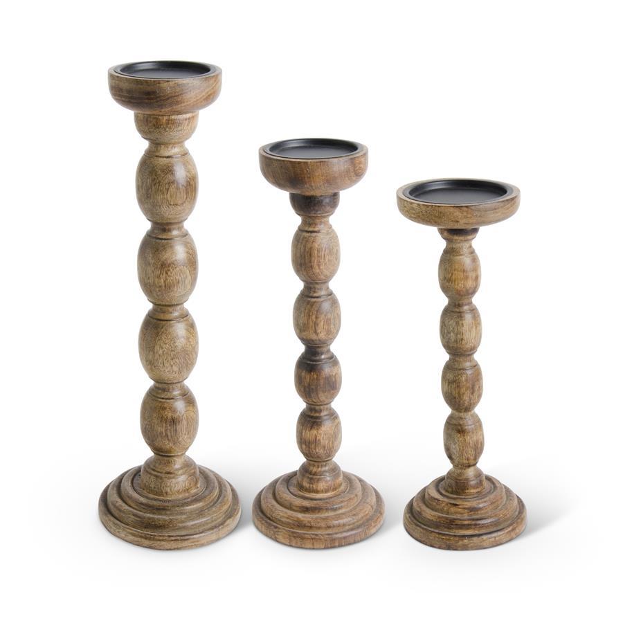 Brown Wood Spindle Candleholders - Set of 3  K&K   