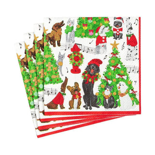Cocktail napkins set of 6, Caroling Pets design with festive dogs and cats, Christmas trees, red border, paper napkins