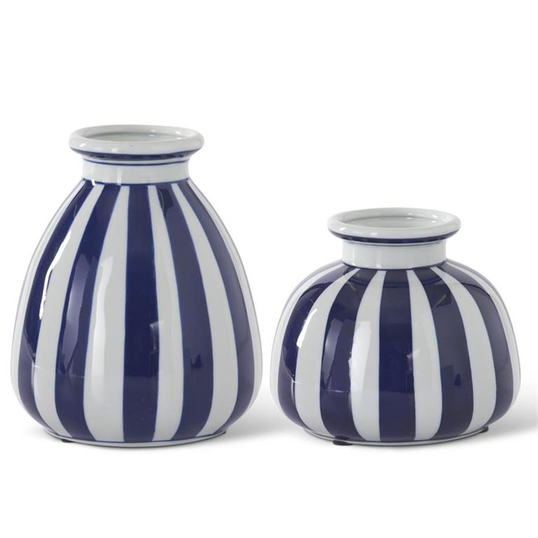 Blue & White Vertical Striped Porcelain Vase  K&K   