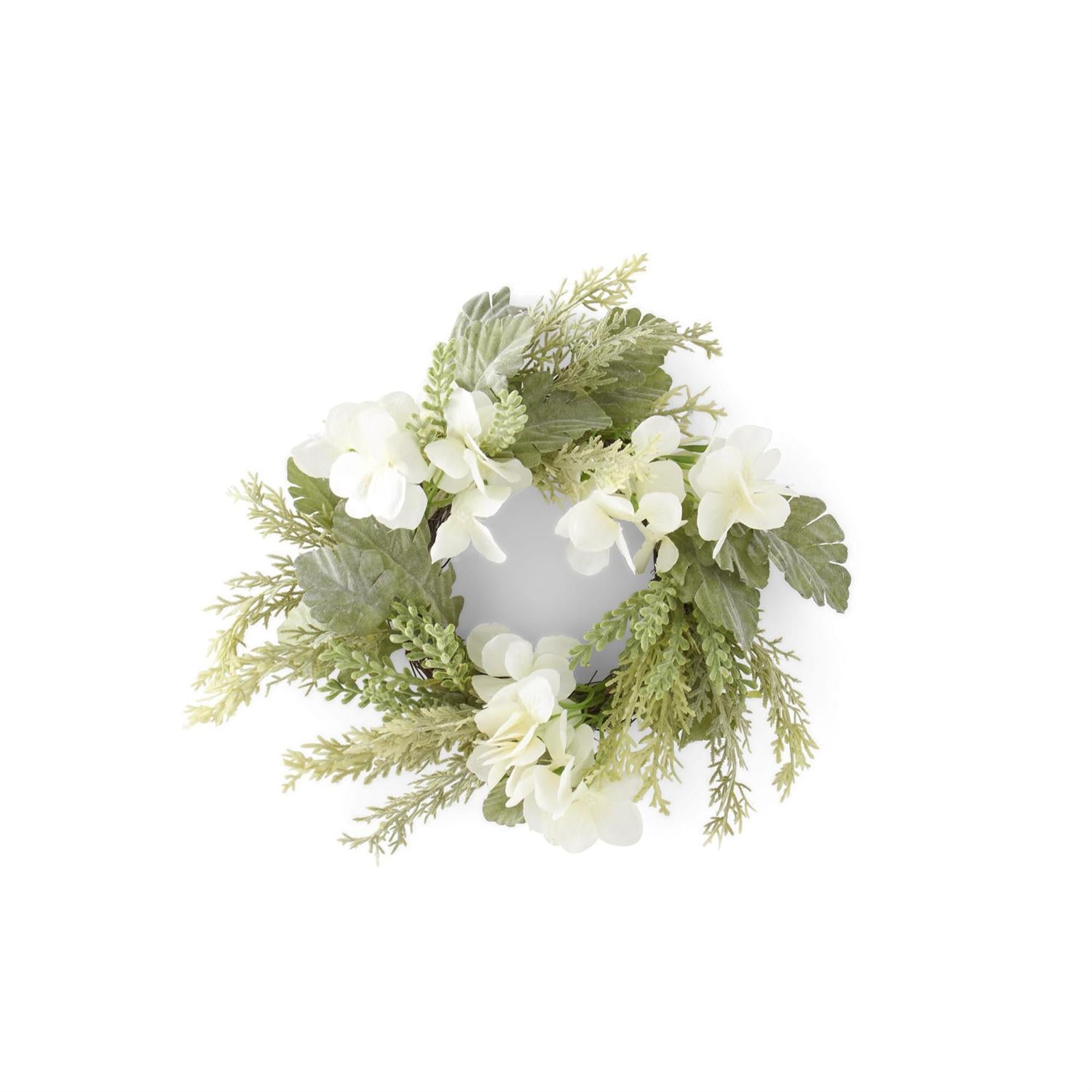 Mixed Foliage & White Hydrangea Candle Ring  K&K   