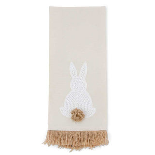 Tan kitchen towel with white embroidered Easter bunny and fringe bottom, K&K.