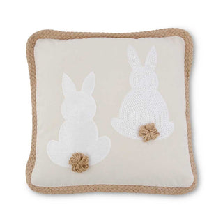 Square tan pillow featuring two white embroidered Easter bunnies; rope-trim border by K&K