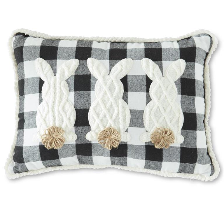 B&W Checkered 3 Bunnies w/Pom Pom Tails Pillow  K&K   