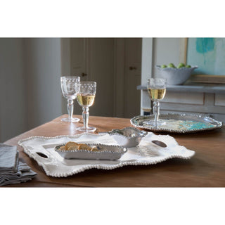 Vida Alegria Rect Tray with Handles White, Beatriz Ball melamine serveware displayed on a wooden table with wine glasses