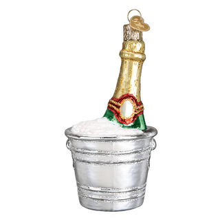 Chilled Champagne Ornament: gold-foil bottle in a silver ice bucket with red-green ribbon trim and glitter