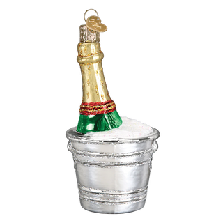 Champagne bottle ornament in a silver ice bucket with gold neck foil and green band