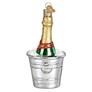 Chilled Champagne Ornament with gold foil bottle in a silver ice bucket and red glitter band
