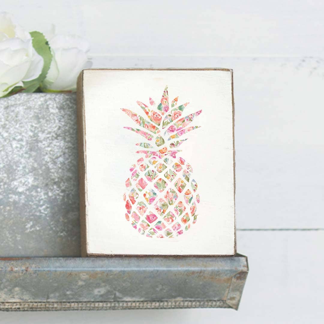 Pink Floral Pineapple Decorative Wooden Block  Rustic Marlin   