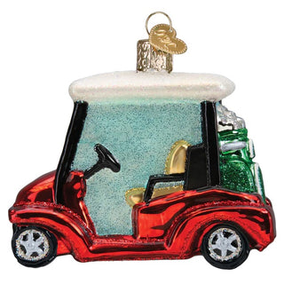 Golf cart ornament, red glittery finish with snowy white roof