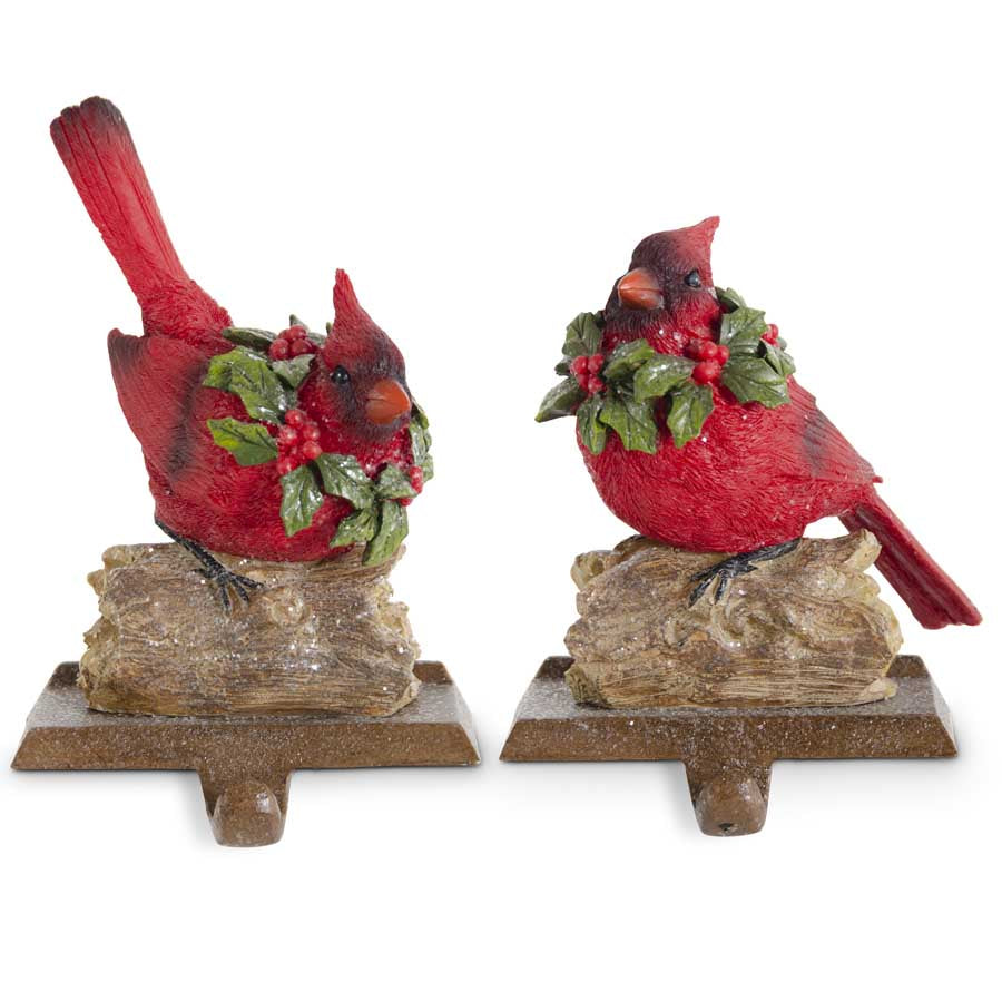 Glittered Resin Cardinals w/Holly Wreaths Stocking Holders  K&K   