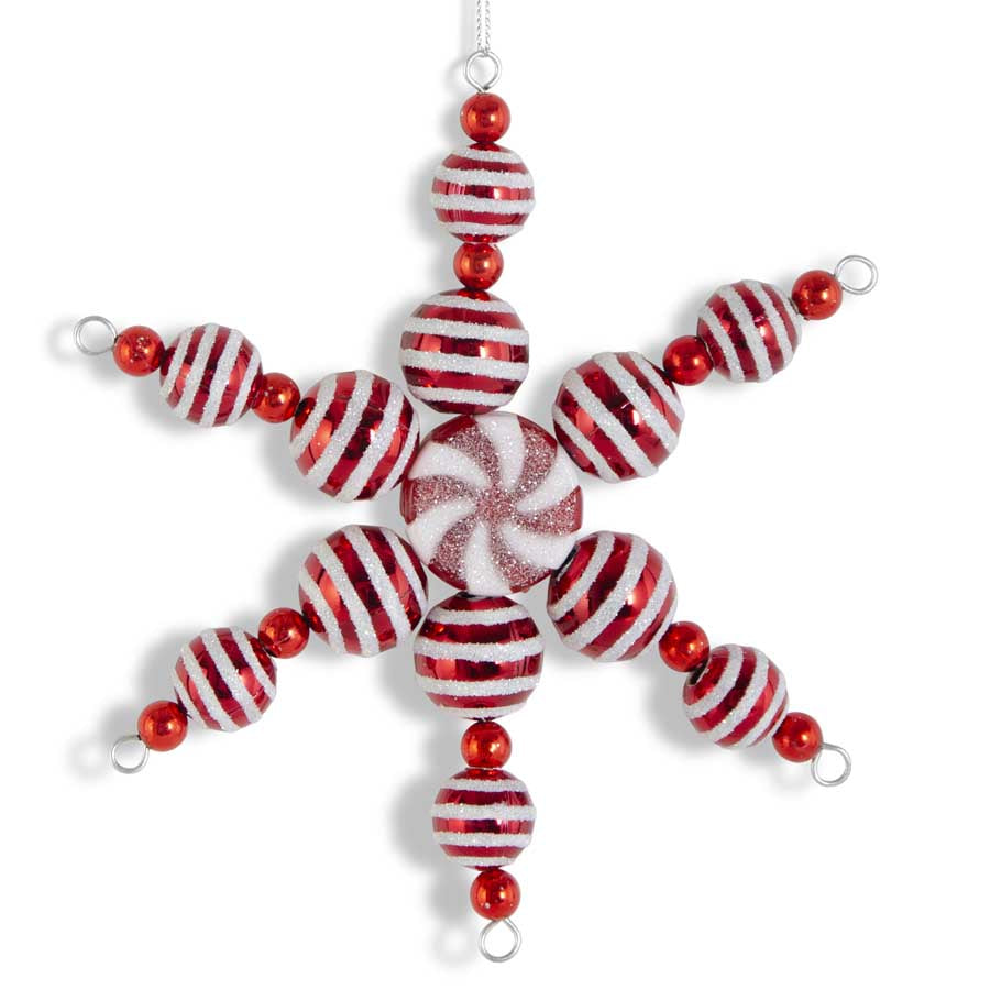 Red & White Glitter Ball Snowflake Ornament w/ Peppermints  K&K   