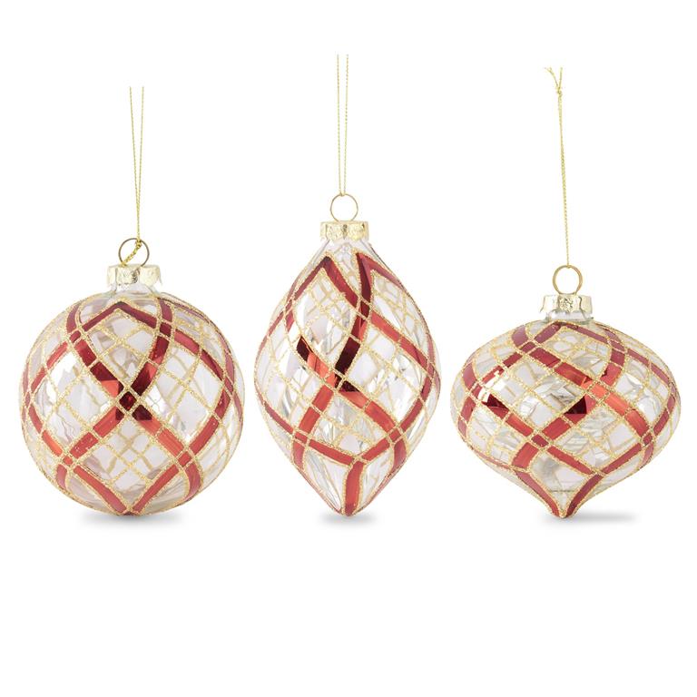 Glass Ornament w/Glittered Red & Gold Plaid  K&K   