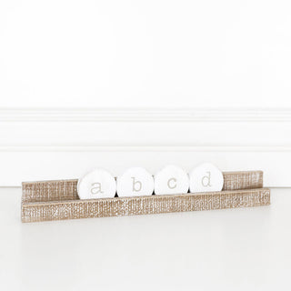 Wood tile stand Ledgie, natural wood, small, with four white circular tiles labeled a b c d